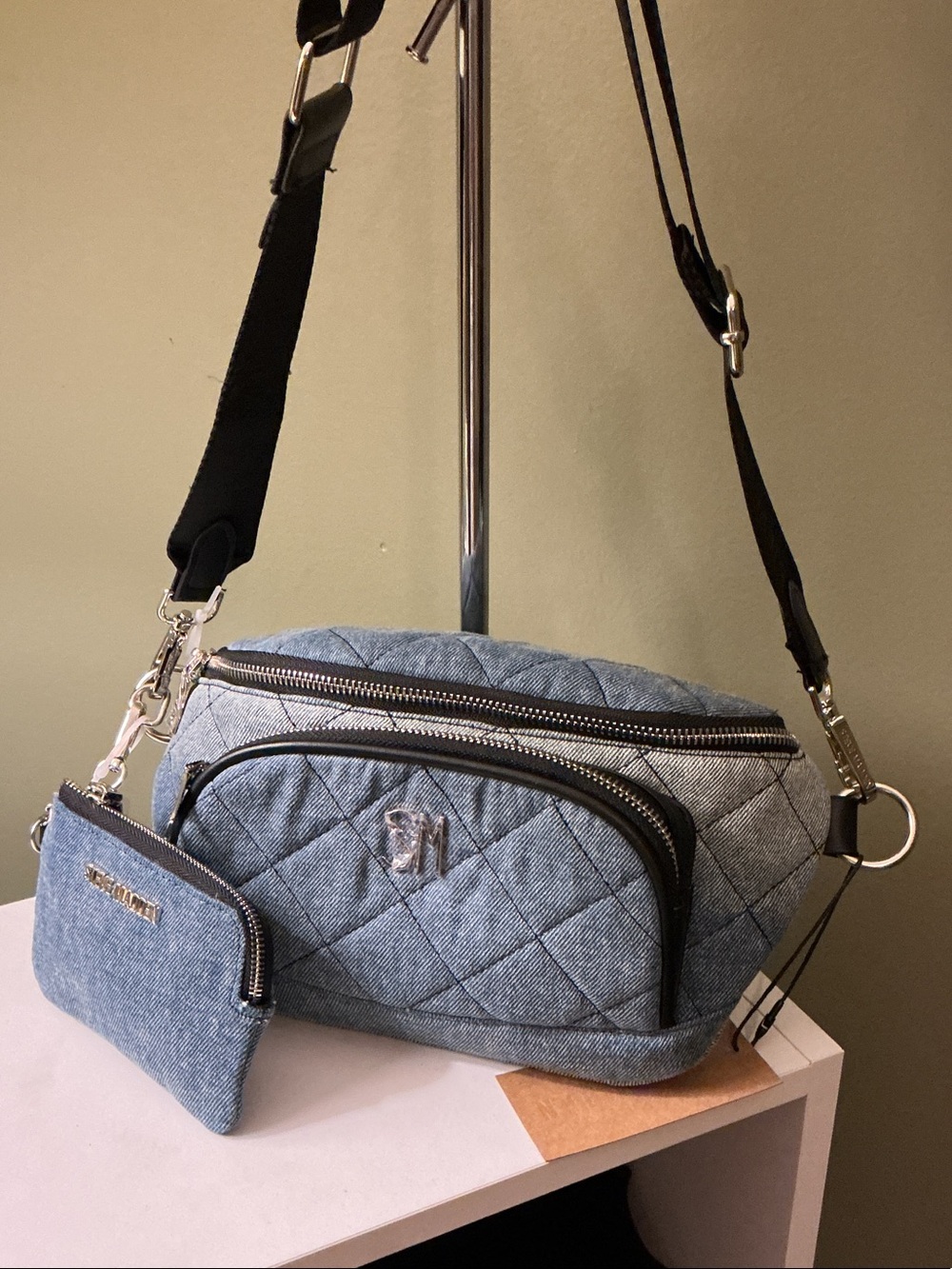Steve Madden NWT Quilted Logo Denim Blue Crossbody Belt Bag with Coin Pouch